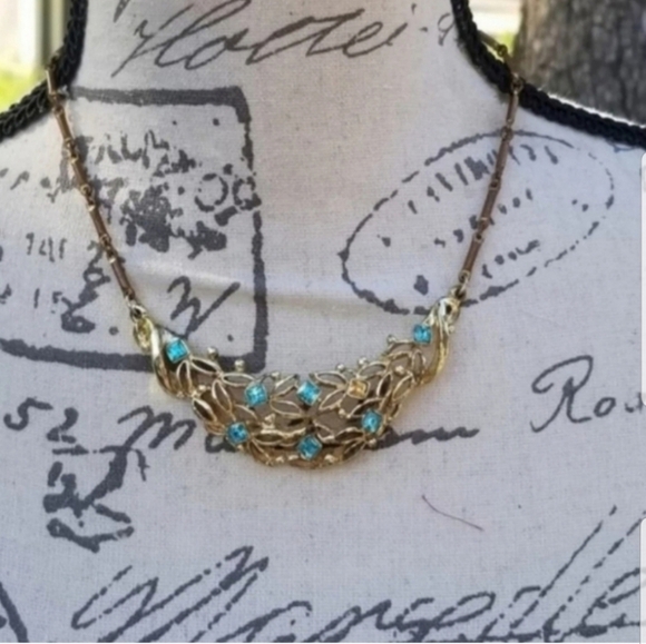 VINTAGE ART DECO BAR LINK CHAIN & ORNATE BLUE AUSTRIAN CRYSTAL PENDANT NECKLACE - Picture 1 of 6